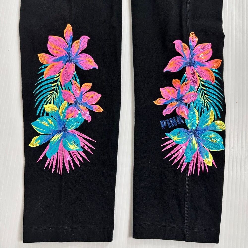 PINK Victoria’s Secret Tropical Floral Bling Yoga Leggings L Black Sequin Waist - Picture 14 of 16